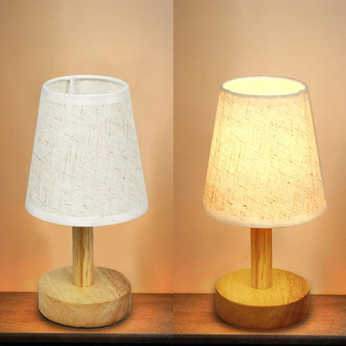 Small Table Lamp, Wooden Bedside Lamp with Linen Shade, Mini Desk Night Light for Bedroom and Living Room