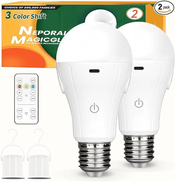 Neporal MagicGlow Rechargeable Light Bulbs with Remote, 3 Hue Shift, Dimmable, USB Rechargeable, 2 Pack