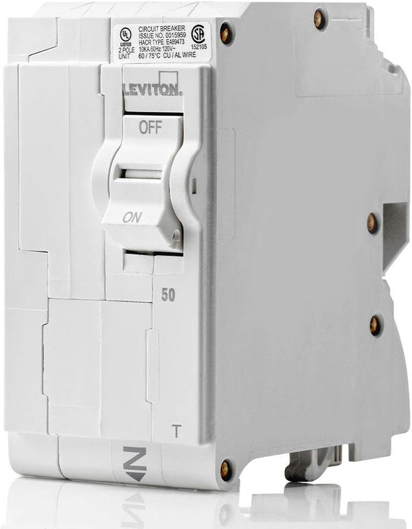 Leviton LB250-T 50A 2-Pole Plug-On Circuit Breaker - Standard Branch Thermal Magnetic, 120/240 VAC, White