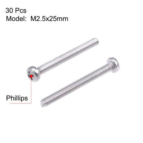 uxcell M2.5x25mm Machine Screws Pan Phillips Cross Head Screw 304 Stainless Steel Fasteners Bolts 30Pcs