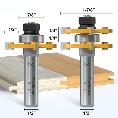 FivePears Tongue and Groove Router Bit Set, 1/2" Shank, T Shape Wood Milling Cutter (2pcs)