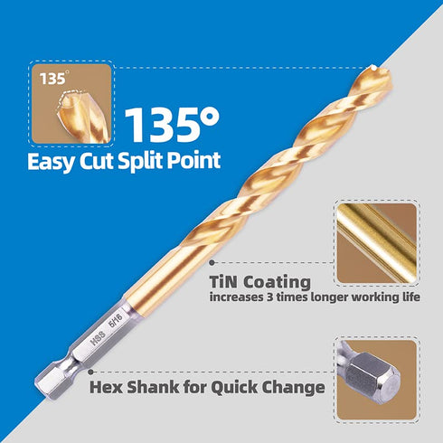 22 Set Set HIGHFIRE Pieces Hex Shank Drill Bit for Impact Driver, HSS Twist Titanium Drill Bits for Metal, Hex Drive