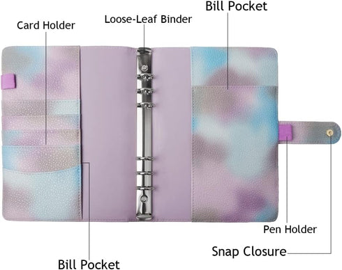 Purple PU Leather Budget Binder Cover for A5 6-Ring Money Organizer, Refillable with Card Pockets