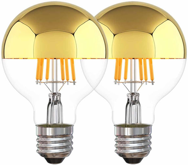 Half Gold Light Bulb Dimmable, 6W G80/G25 Globe Shape, 2700K Warm White Edison Bulb, Gold Tipped Mirror, Pack of 2