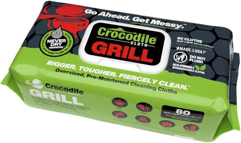 Crocodile Cloth Grill - 80 (15" x 10") Biodegradable Cleaning Wipes. Safe on Skin & Multiple Surfaces. Infused with Aloe & Vitamin E. Large, Pre-Moistened & Absorbent.