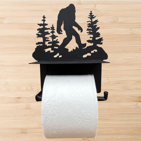 Bigfoot Sasquatch Metal Toilet Paper Holder with Phone Shelf - Wall Moutned Dispenser - Rustic Cabin, Lodge, Mountain