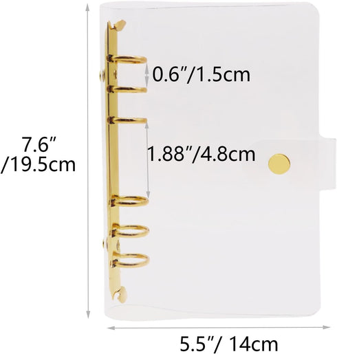 Clear A6 Binder Cover Gold, 6 Rings PVC Binders, Loose Leaf Folders, Refillable Soft Notebook Shell Protector