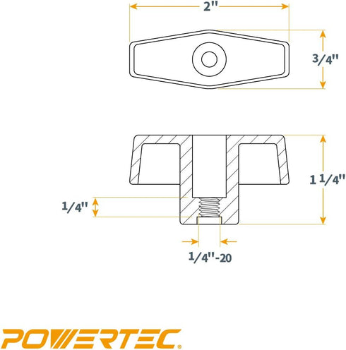 POWERTEC 1/4"-20 T Knobs 5 Pack, Clamping Knobs with Steel Insert for T Track Bolts, Thumb Screw Knobs
