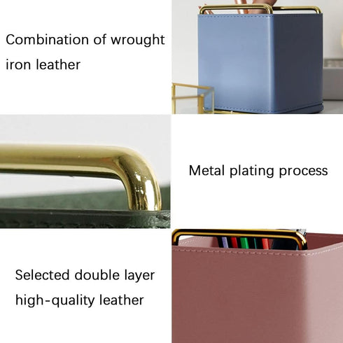 Leather Pencil Holder Desktop Organizer, Iron Art Storage Box for Makeup Brushes and Office Supplies in Pink