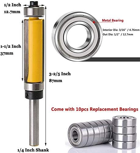 Mesee 2Pcs Top and Bottom Bearing Flush Trim Pattern Router Bit Set, 1/4'' Shank Template Trimming Bits