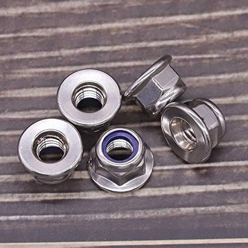 M8 x 1.25mm Flange Washer Nylon Insert Hex Locknuts - 10 PCS, 304 Stainless Steel 18-8, Bright Finish