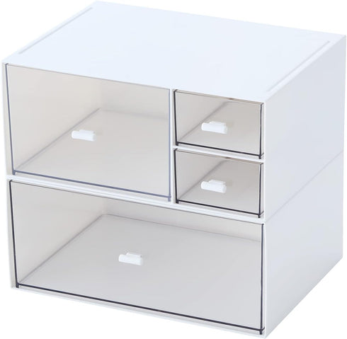 Desk Organizer, White Plastic Makeup Organizer with 4 Drawers, Vanity & Bathroom Storage Box for Dresser or Counter