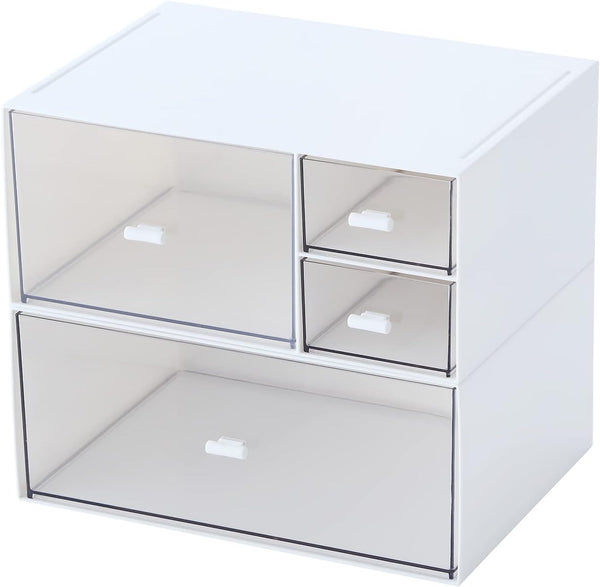Desk Organizer, White Plastic Makeup Organizer with 4 Drawers, Vanity & Bathroom Storage Box for Dresser or Counter