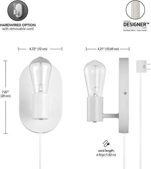 65000134 1-Light 6ft Globe Electric Plug-in or Hardwire Wall Sconce, Matte White, White Fabric Covered Cord, Inline