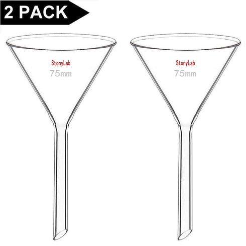 StonyLab 2-Pack Heavy Wall Borosilicate Glass Funnel, Short Stem 75mm Diameter