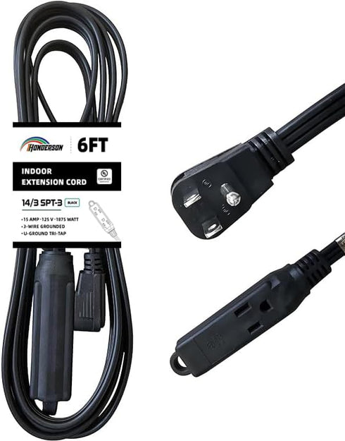 HONDERONS 6FT Black Extension Cord with Flat Plug, 3 Outlets, 14/3 SPT-3, Durable Power Cable for Home, Office