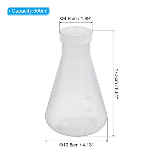 PATIKIL 500ml Plastic Erlenmeyer Flask with Screw Caps, 2 Pack Narrow Mouth Conical Flask for Laboratory, Clear