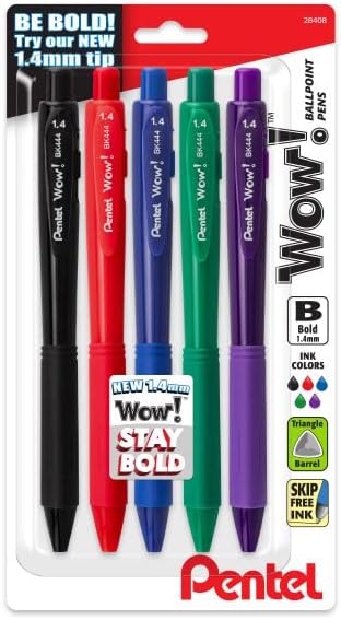 Pentel Wow! Retractable Ballpoint Pen, Assorted Ink Colors, 1.4mm Bold Line, 5 Pack
