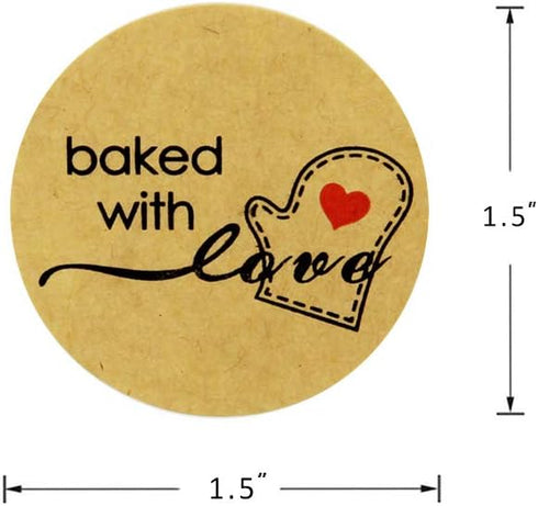 Hcode 500 Natural Kraft Paper Round Baked with Love Stickers, 1.5 Inch Adhesive Label (1 roll, Red Heart)