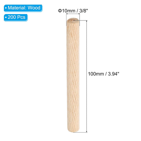 PATIKIL 3/8 Wooden Dowel Pins, 200 Pcs M10x100mm Hardwood Pegs for Crafts, Furniture, Door Art