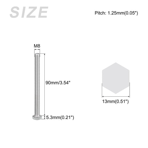 Hex Bolts (M8-1.25x90mm) 10Pcs, 304 Stainless Steel Coarse Fully Threaded Hex Head Screw Bolt for Furniture Repair
