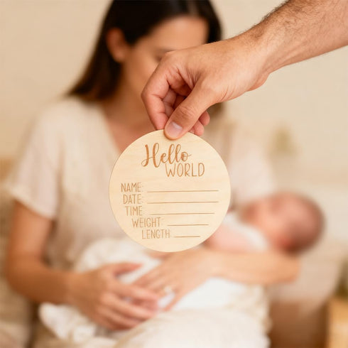6PCS Hello World Wooden Birth Announcement Disc, Premium Birch Wood Round Plaque with Deep Etched Lettering, Newborn