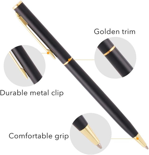 Unibene 6 Pack Slim Gold Ballpoint Pens - Matte Black and Gold Metallic, 1.0mm Medium Point with 6 Refills