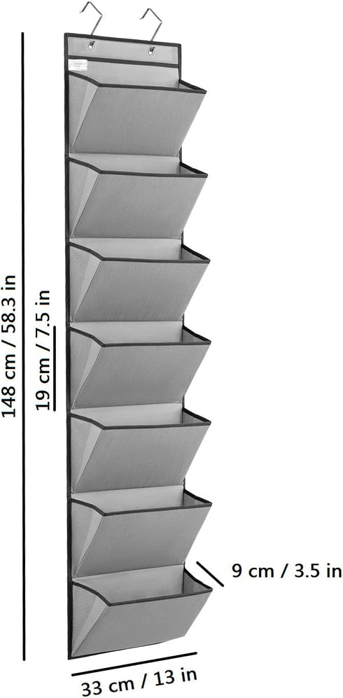Wall Mounted File Holder - Over Door Hanging Mail Organizer for Papers, Magazines, and Books (7 POCKETS-GREY)