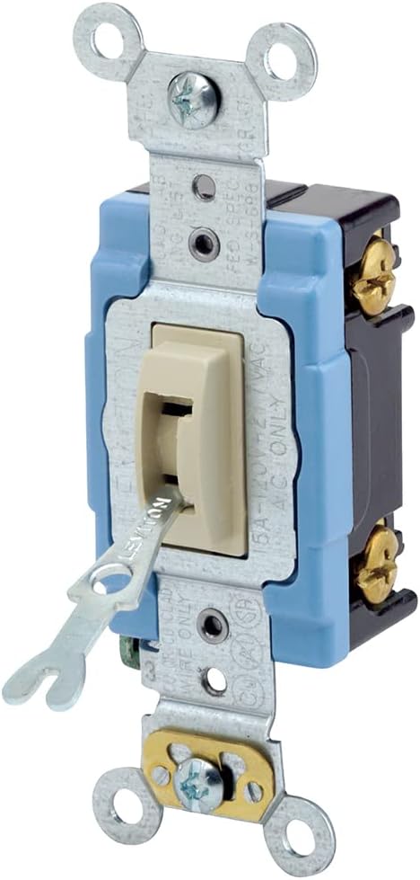 Leviton 1201-2IL 15 Amp, 120/277 Volt, Toggle Locking Single-Pole AC Quiet Switch, Extra Heavy Duty Grade, Self Grounding, Ivory, Image by Leviton
