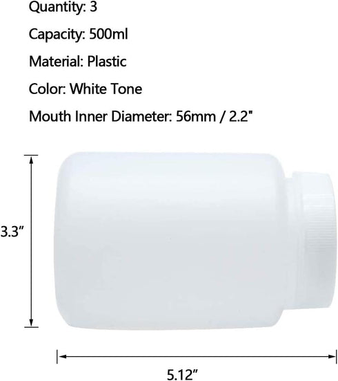 Sscon 3Pcs 500ml Plastic Wide Mouth Laboratory Reagent Bottles, Sample Sealing Bottles in White