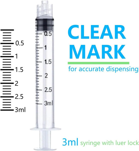 100 Pack 3ml/cc Plastic Syringe Luer Lock Tip - Liquid Measuring Tools (No Needle) - Sterile Individually Sealed
