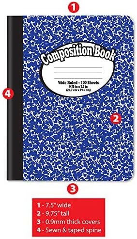 Better Office Products Composition Book Notebook, Hardcover, Wide Ruled, 100 Sheets, 9.75" x 7.5", Assorted Covers