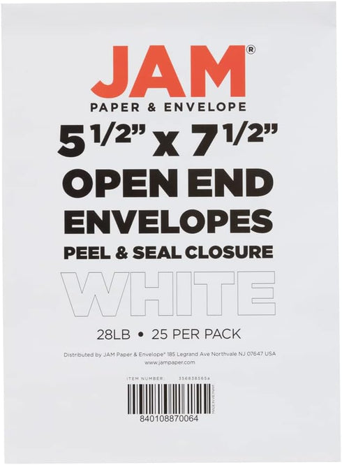 JAM PAPER 5 1/2 x 7 1/2 Open End Catalog Commercial Envelopes, White with Peel and Seal Closure, 50/Pack
