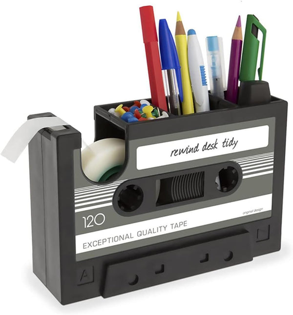 Tape Dispenser with Pen Holder - Retro Cassette Heat Tape Dispenser, Cute Roll Holder with Paperclips for Office Storage