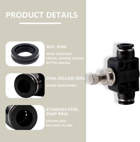 3 Pcs 10mm Tube OD Air Flow Control Valve, Union Pneumatic Speed Control Push to Connect Fitting Regulator