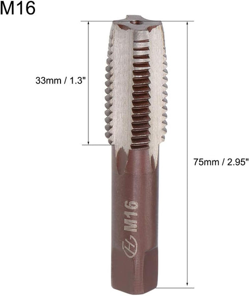 uxcell Metric Hand Tap M16 Thread 2 Pitch 4 Straight Flutes H2 Alloy Tool Steel Bottom & Taper Screw Tap Set Tapping Tools for Repairing 1 Pair