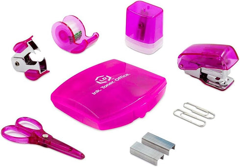 LD Products Pink Mini Office Supply Kit, Portable Case with Scissors, Tape Dispenser, and Mini Stapler