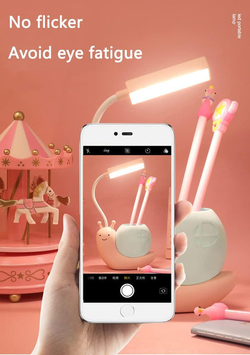 Cute Kids Lamp with Pen Holder, Snail Shape LED Desk Lamp, USB Charging Eye Protection Lamp with 360 Bendable Neck