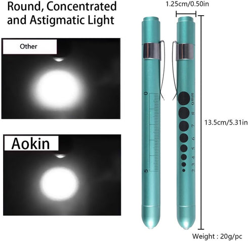 Aokin Medical Pen Light for Nurse Doctor, Reusable LED Flashlight with Pupil Gauge and Ruler, White Light, Teal