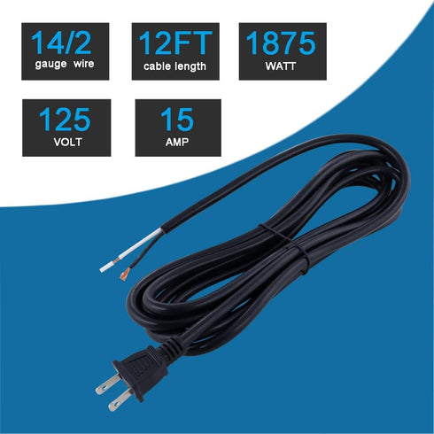 Replacement Power Cord 14 AWG Polarized 2 Prong Plug 12FT Pigtail 14 Gauge SJT 115V AC Cable Round Heavy Duty Repair Power Supply Cord 2C Open End 120V 15A 1875W Pigtail Cord