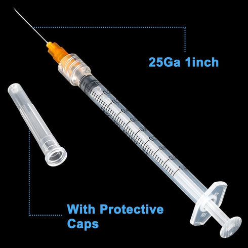 24 Pack 1ml Syringes with Needle, 25G 1”, Sterile Luer Lock Individually Packaged for Labs and Pets