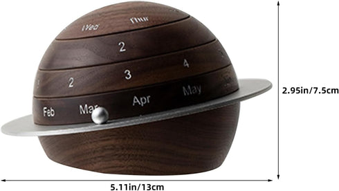 Wooden Rotating Perpetual Desk Calendar with Vintage Earth and Planet Design, Minimalist Office and Home Desktop
