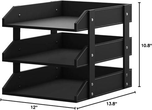 Leather Desk Organizer, Thipoten 3-Tier Stackable Letter Tray Holder for Office Supplies, Black-3Tiers