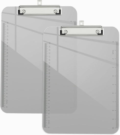 Piasoenc 2 Pack Plastic Clipboards, Translucent Low Profile Clipboard with Ruler, Office School Supplies, Letter Size
