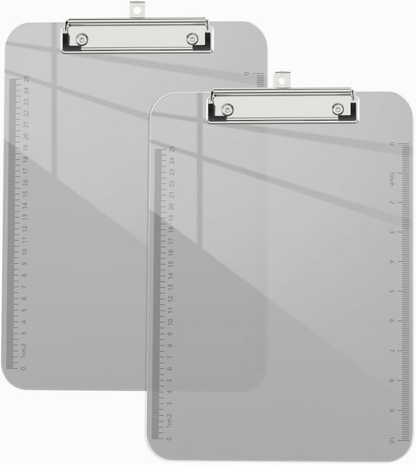 Piasoenc 2 Pack Plastic Clipboards, Translucent Low Profile Clipboard with Ruler, Office School Supplies, Letter Size