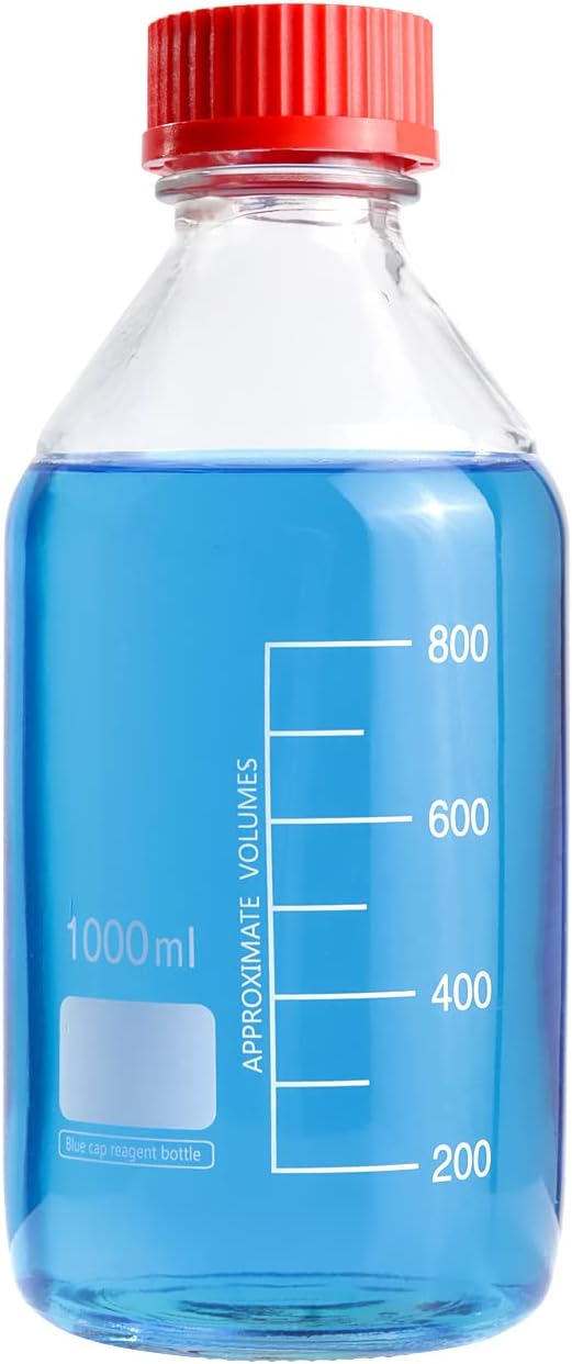 4 Pieces 1000 mL Graduated Round Reagent Media Bottles with GL45 Red Screw Cap