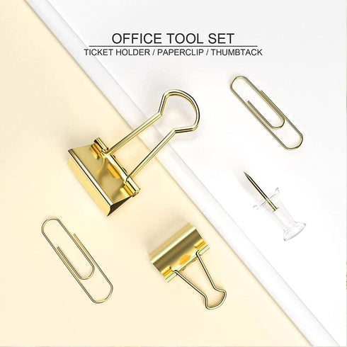 Gold Paper Clips and Binder Clips Set, Assorted Sized Metal Binders with Push Pins for Desk Accessories
