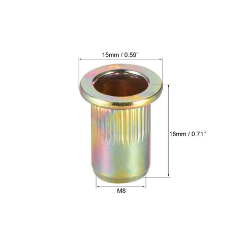 uxcell M8 Carbon Steel Rivet Nuts, Flat Head Insert Yellow Zinc Plated, 10 Pcs