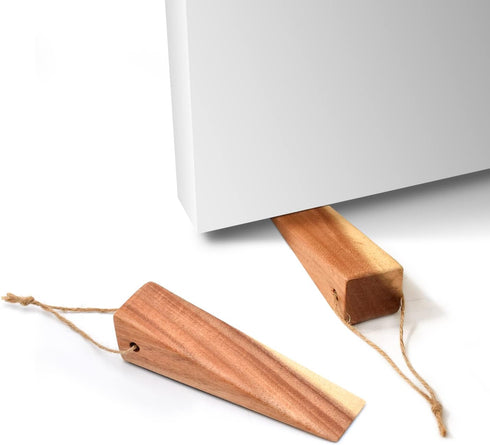 Wooden Door Stoppers, Acacia Wood Wedges with Heavy Duty Non-Skid Rubber Base (2 Pack)