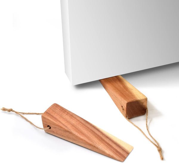 Wooden Door Stoppers, Acacia Wood Wedges with Heavy Duty Non-Skid Rubber Base (2 Pack)